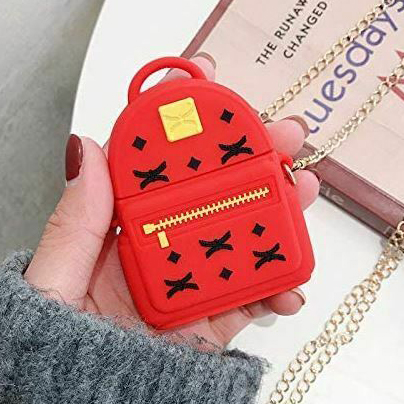 Cute Design Cartoon Silicone Cover Skin for Airpod (1 / 2) Charging Case with Chain (BACKPACK Red)
